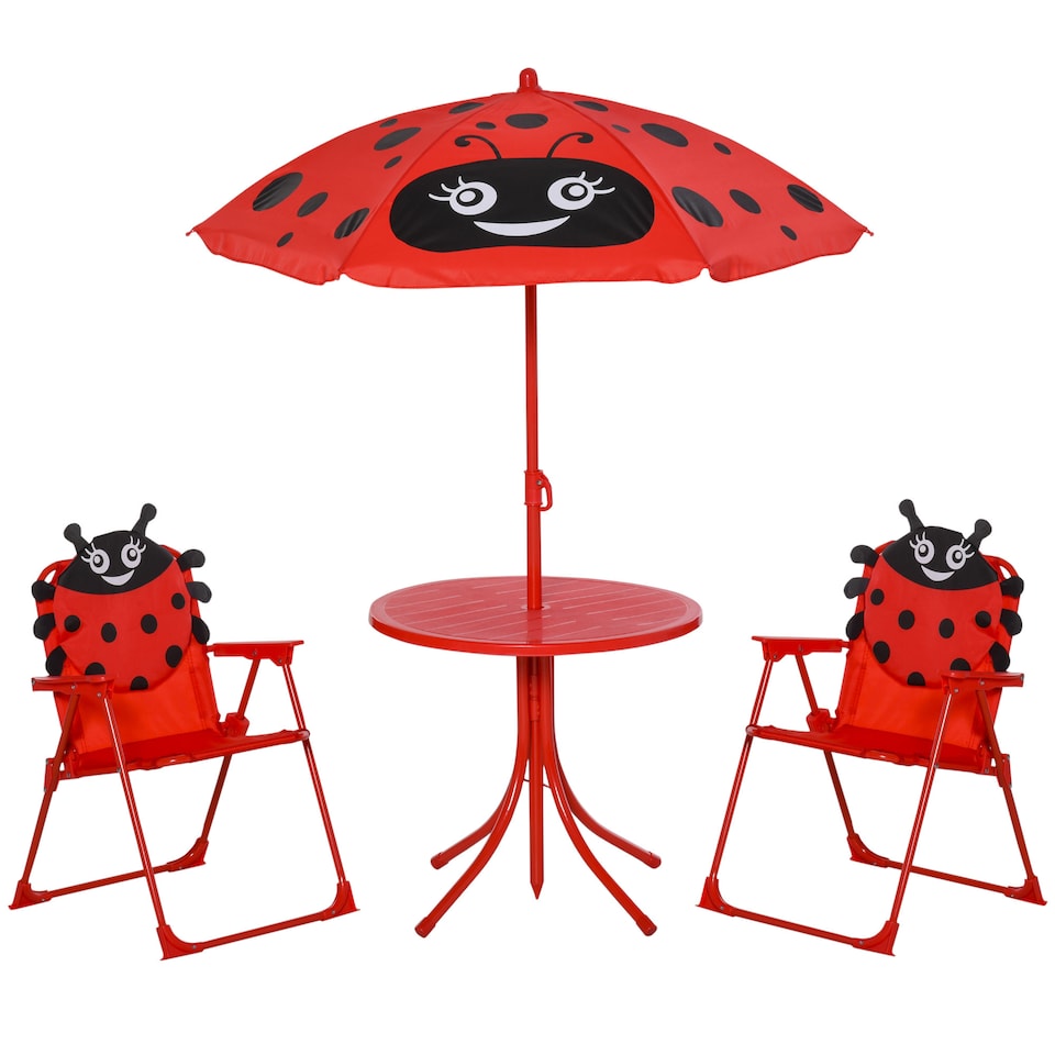 image 1 of Outsunny Kids Folding Picnic Table Chair Set Ladybug Pattern Outdoor w Parasol