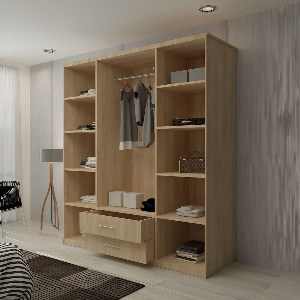 image 1 of Modern Space-Saving 4-Door Hinged Wardrobe with Central Mirrored Doors - 8 Shelves & 2 Drawers, 171cm Wide