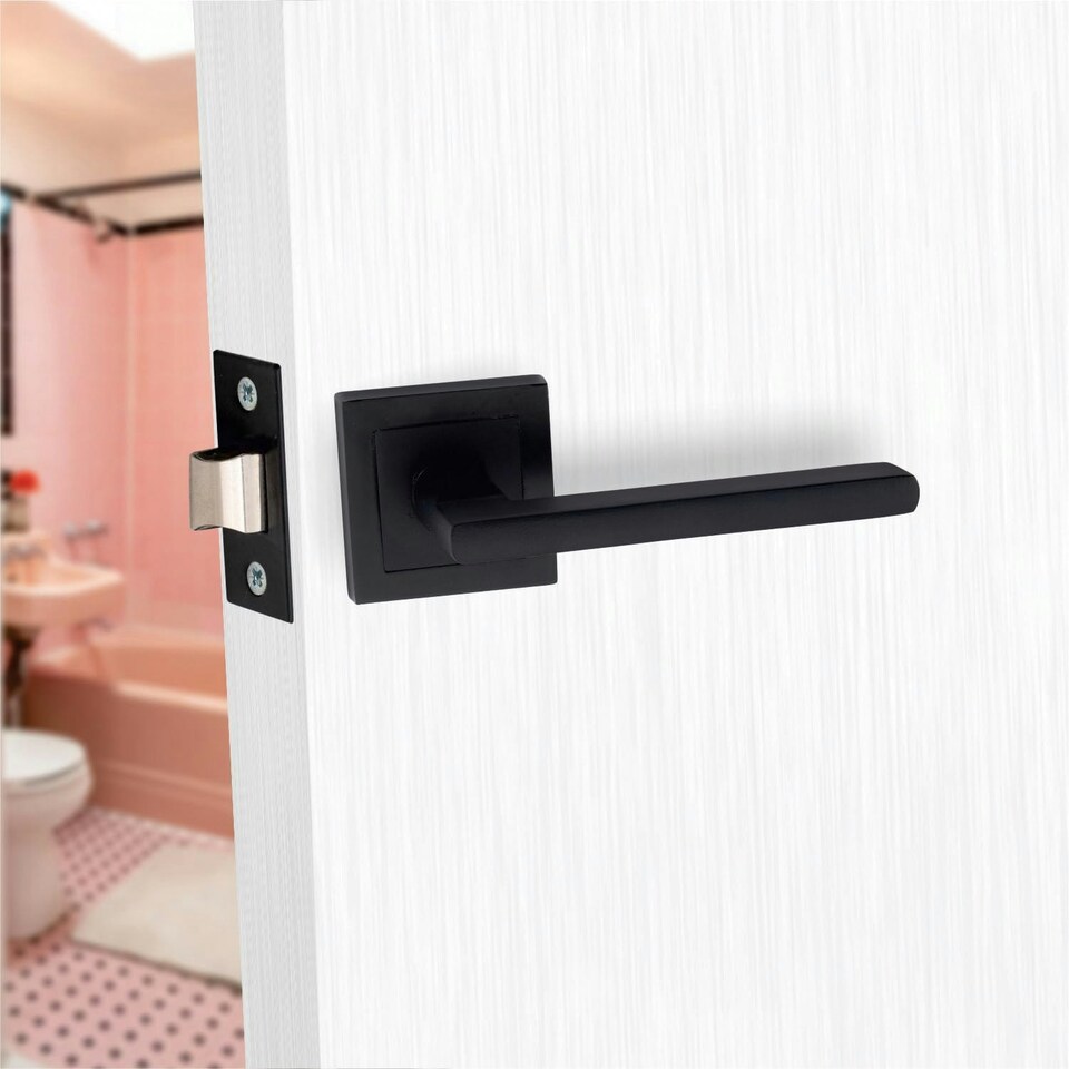 image 1 of Golden Grace Leon Design Straight Door Handles on Square Rose in Matt Black Finish with 64mm 3 Lever Mortise Lock and Key Hole Black
