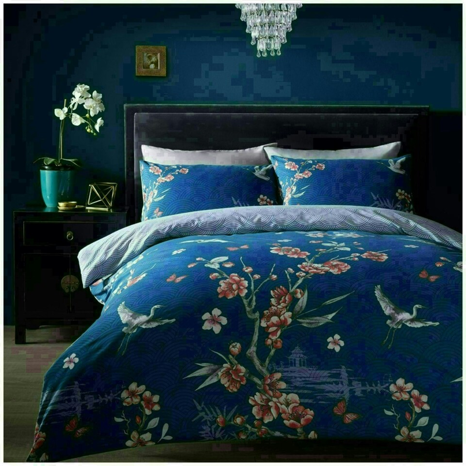 image 1 of Akari Floral Printed Duvet Cover Set Reversible Polycotton Beddings Blue | Single