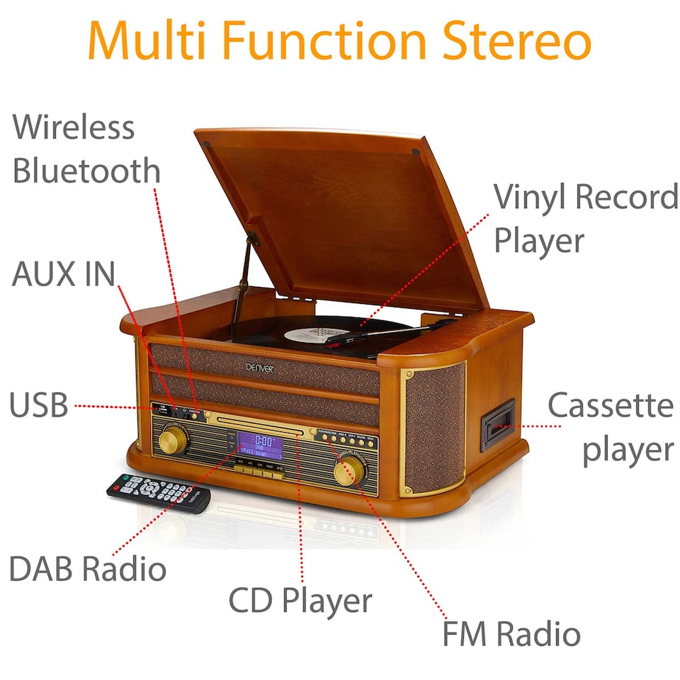 image 1 of Denver 9-in-1 Retro Vintage DAB Bluetooth Wooden Radio Record Player - MRD-51BT | Brown | Vintage Wood