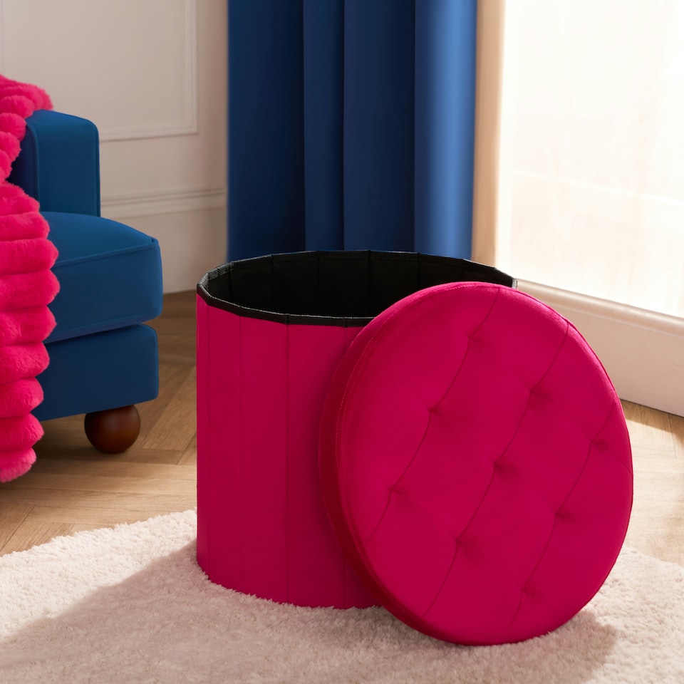 image 1 of OHS Matte Velvet Soft Round Foldable Footstool Seat Storage Organiser Ottoman Pink | Bright Pink