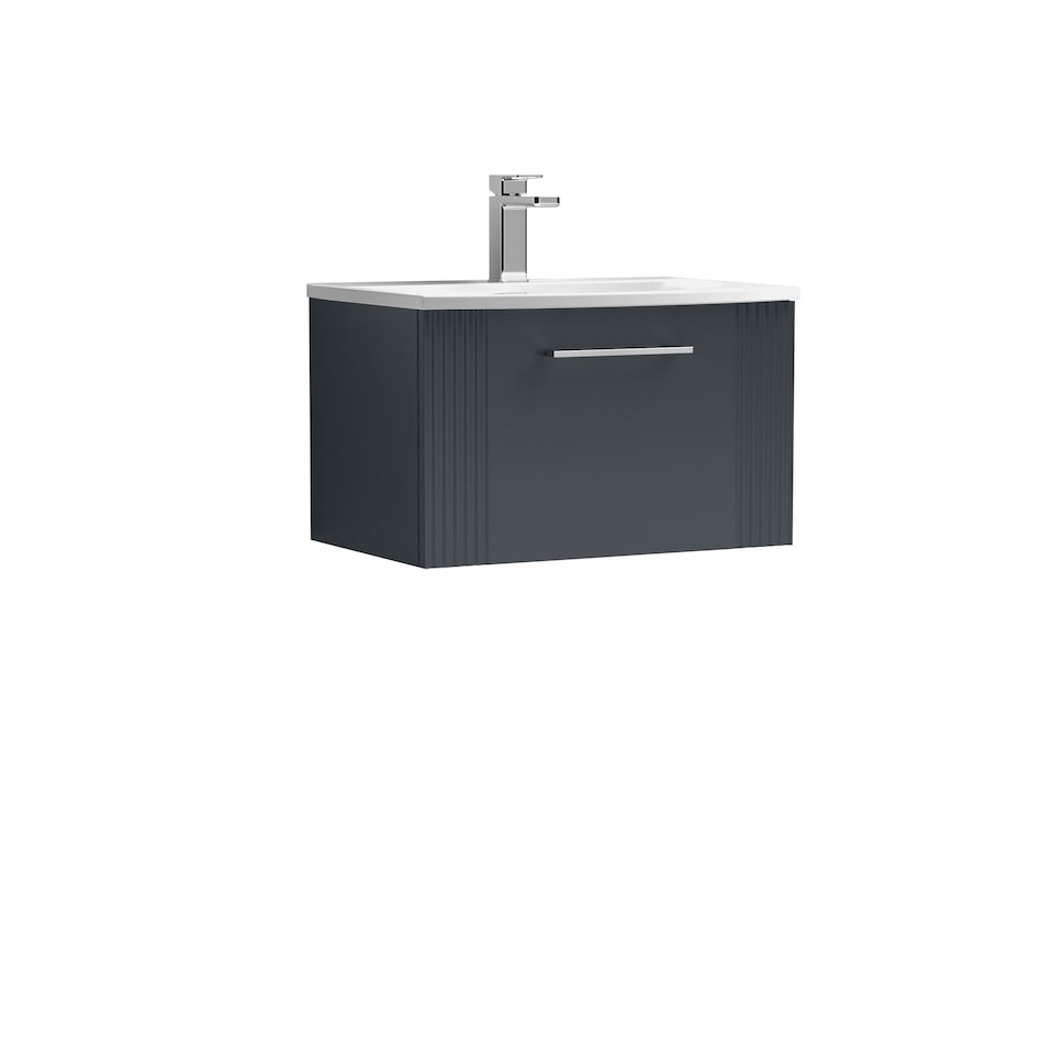 image 1 of Retro 1 Drawer Wall Hung Vanity Unit with Curved 1 Tap Hole Ceramic Basin - 600mm - Satin Dark Grey - Balterley Grey