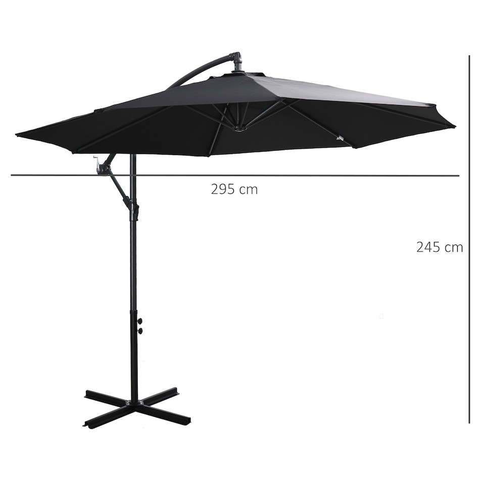 image 1 of Outsunny 3m Garden Banana Parasol Hanging Cantilever Umbrella with Crank Handle, 8 Ribs and Cross Base for Outdoor, Sun Shade, Black