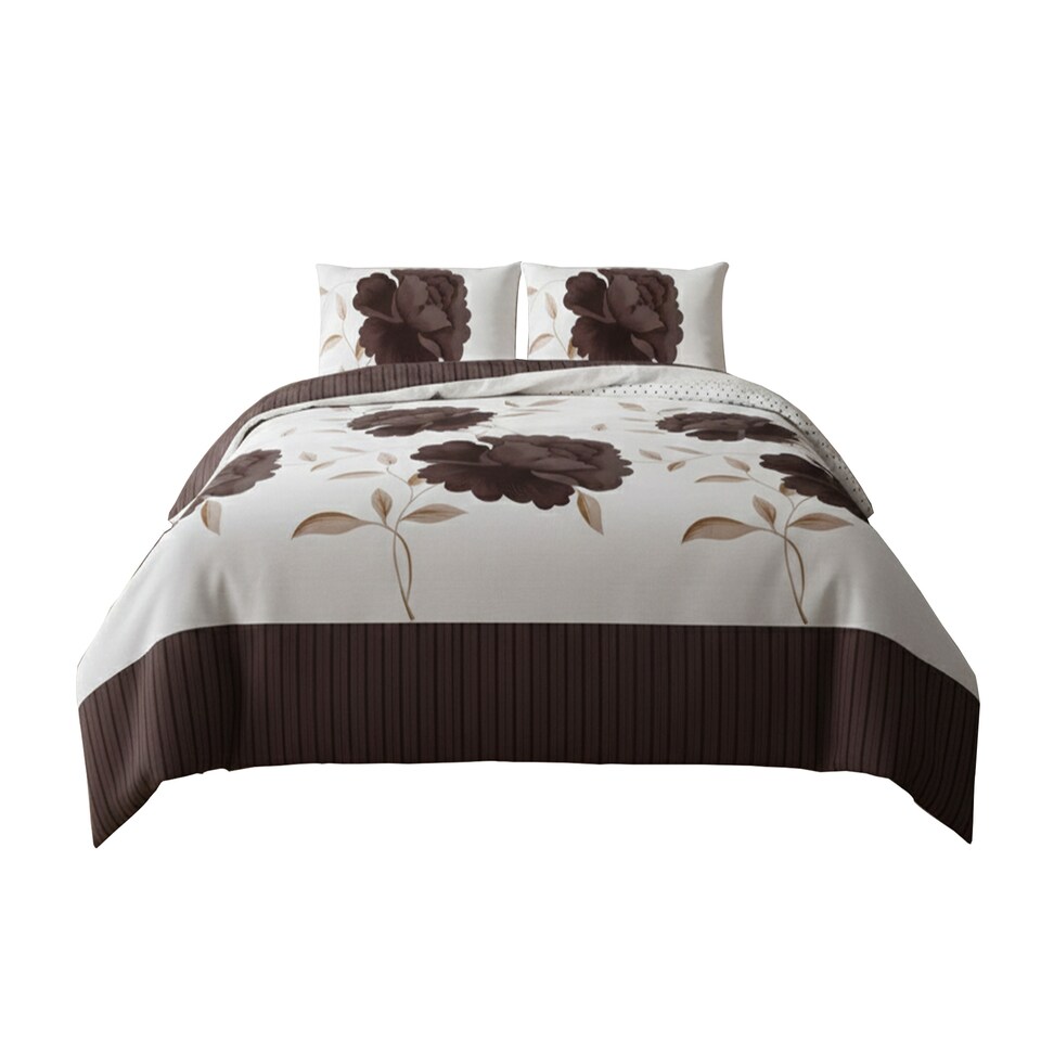 image 1 of Reversible Floral Duvet Set Elegant Flower Stripe Pattern Bedding for Home Decor | Brown | Double