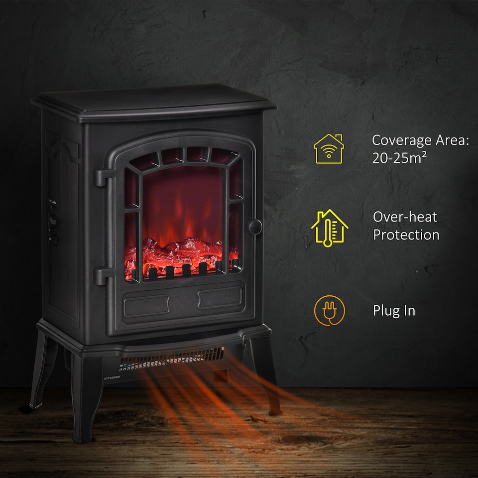 image 1 of HOMCOM Freestanding Electric Fireplace Heater W/ Realistic Flame Effect Black | Black