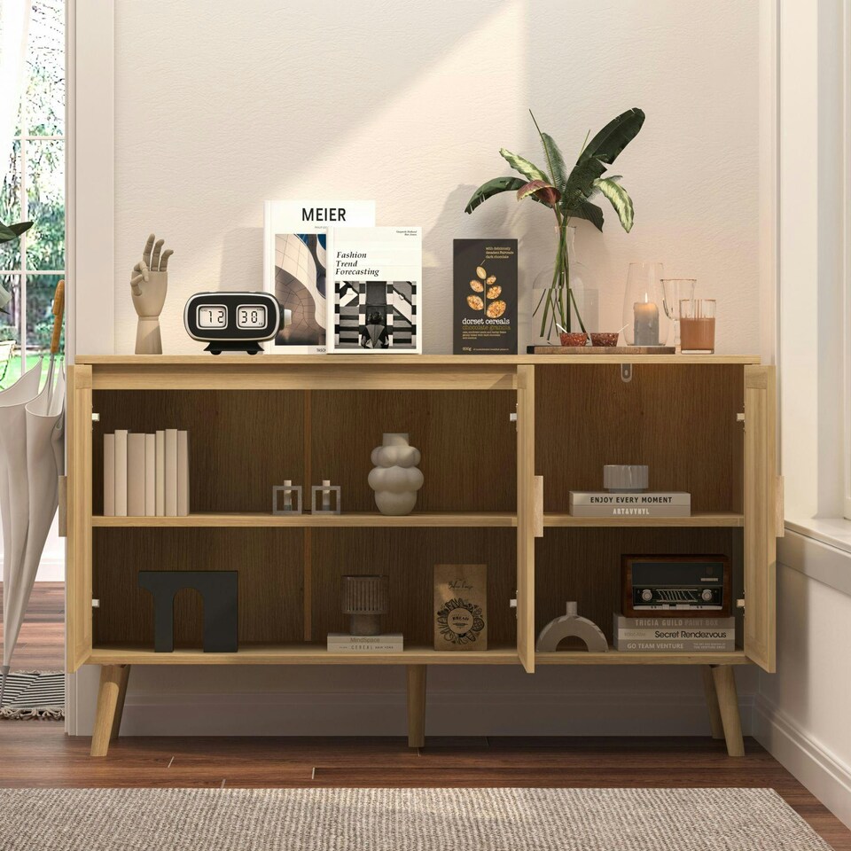 image 1 of Sideboard 3 Rattan Doors Solid Wooden Legs Cabinet Home Living Room Furniture