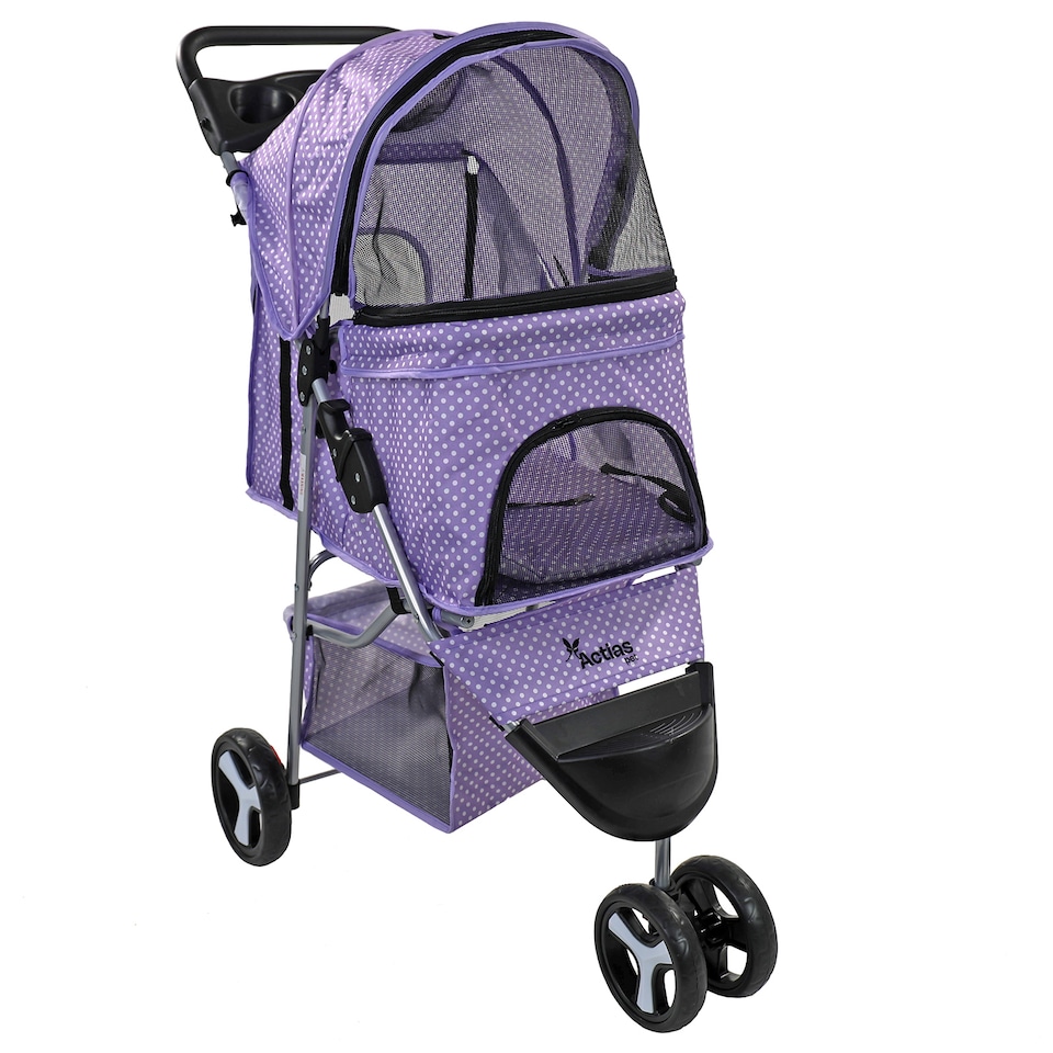 image 1 of Pet Stroller Dog Cat Puppy Pram Pushchair Travel Cart Jogging Buggy Carrier (Purple Dot with Cover)