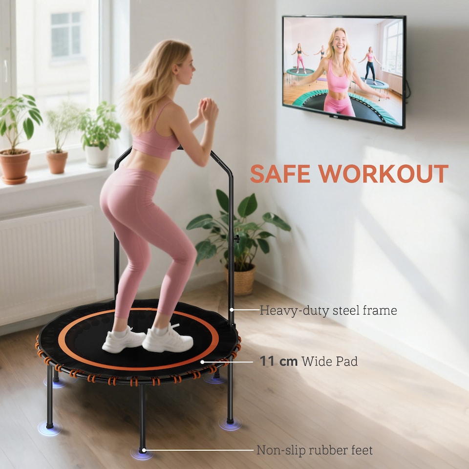 image 1 of SPORTNOW 40'' Foldable Fitness Trampoline, Mini Trampoline Bungee Rebounder with 5-Level Adjustable Handle for Adults Indoor Outdoor Exercise, Orange | Orange