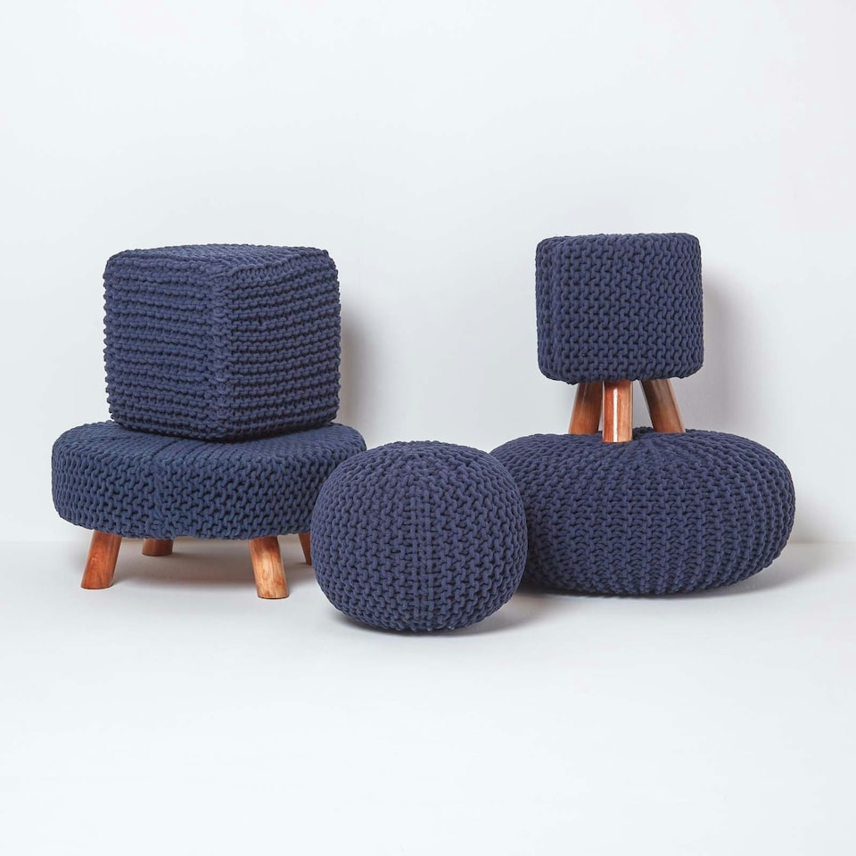 image 1 of Homescapes Navy Blue Large Round Cotton Knitted Footstool on Legs