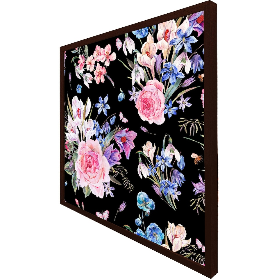 image 1 of Bright pink flowers on black (Picture Frame) Black | XL