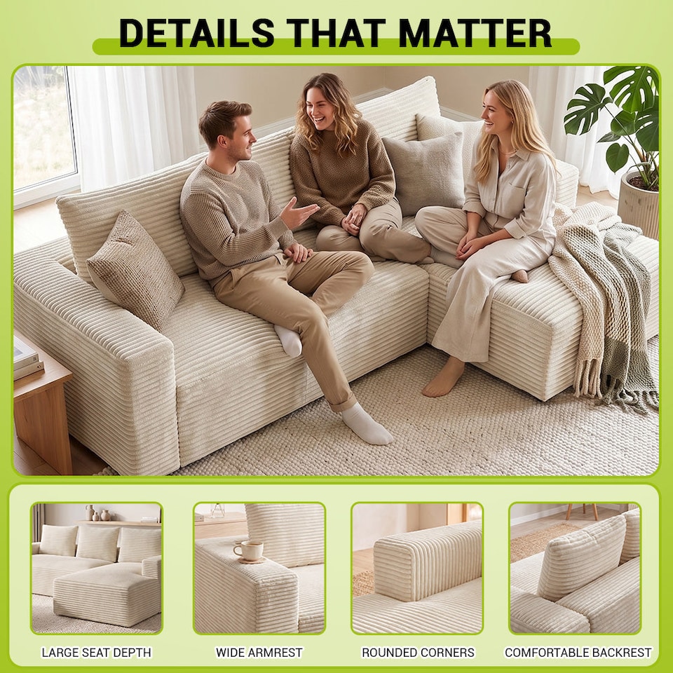 image 1 of Rattantree L Shaped Modular Sofa Corduroy Sectional Couch With Chaise