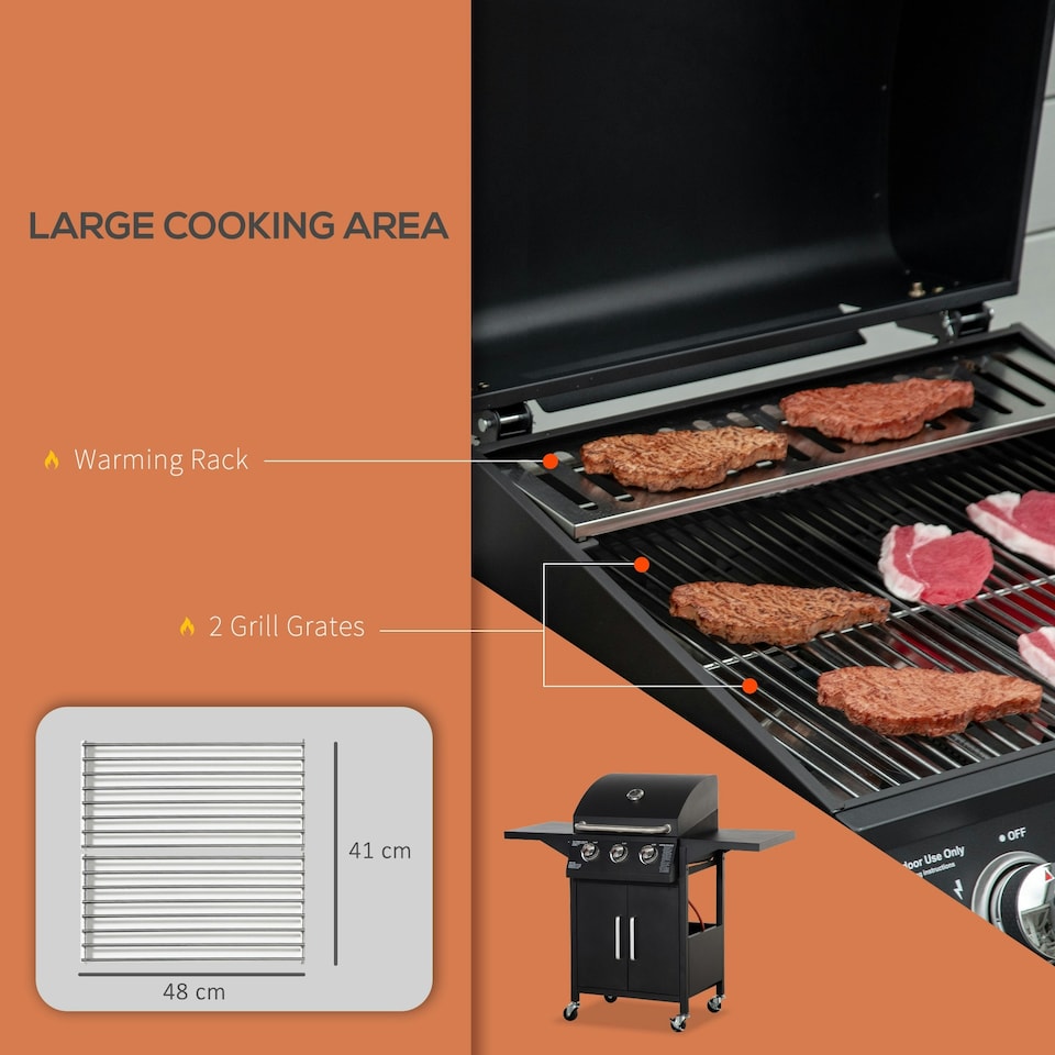 image 1 of Outsunny 3 Burner Gas Grill Portable BBQ Trolley w/ 4 Wheels and Side Shelves