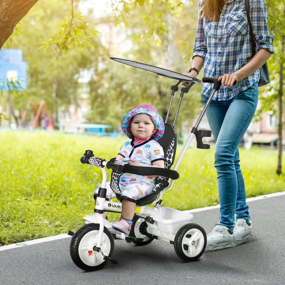 image 1 of HOMCOM 6 in 1 Kids Tricycle w/ Removable Handle for 1.5+ year, White