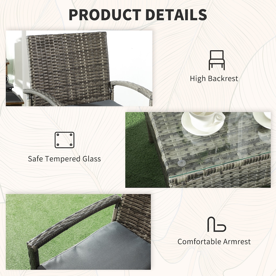 image 1 of Outsunny 3PC Garden Rattan Bistro Set with Glass Top Table, Mixed Grey