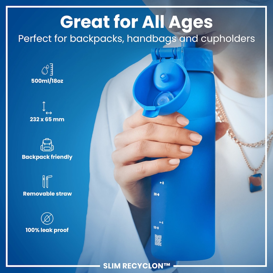 image 1 of Leak Proof Slim Water Bottle, BPA Free, 500ml (18oz) | Blue | Blue With Straw | One Size