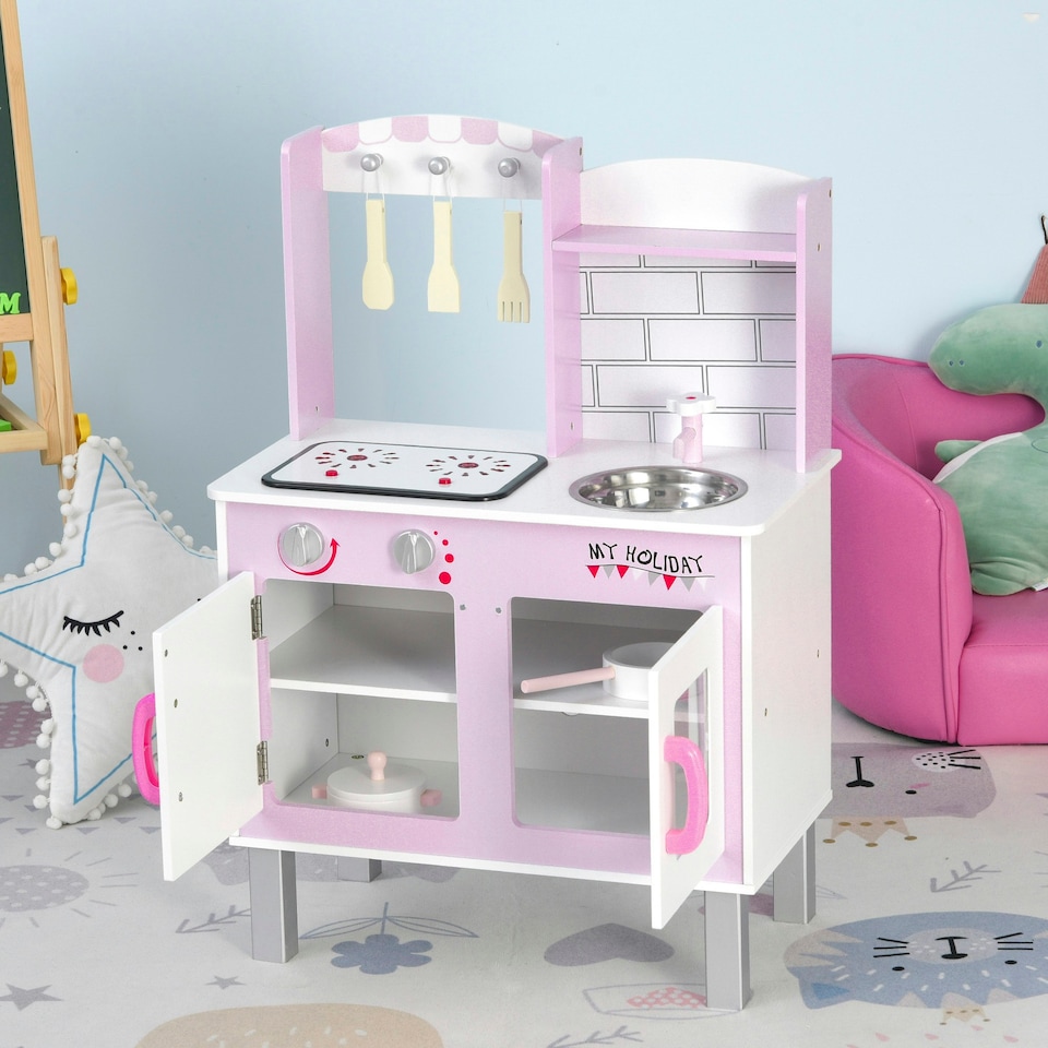 image 1 of HOMCOM Kids Kitchen Play Set Sounds Utensils Pans Storage Child Role Play 3 Yrs+