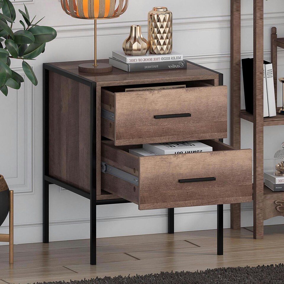 image 1 of FWStyle Loft Industrial 2 Drawer Bedside Table Wood Effect Black Metal Frame