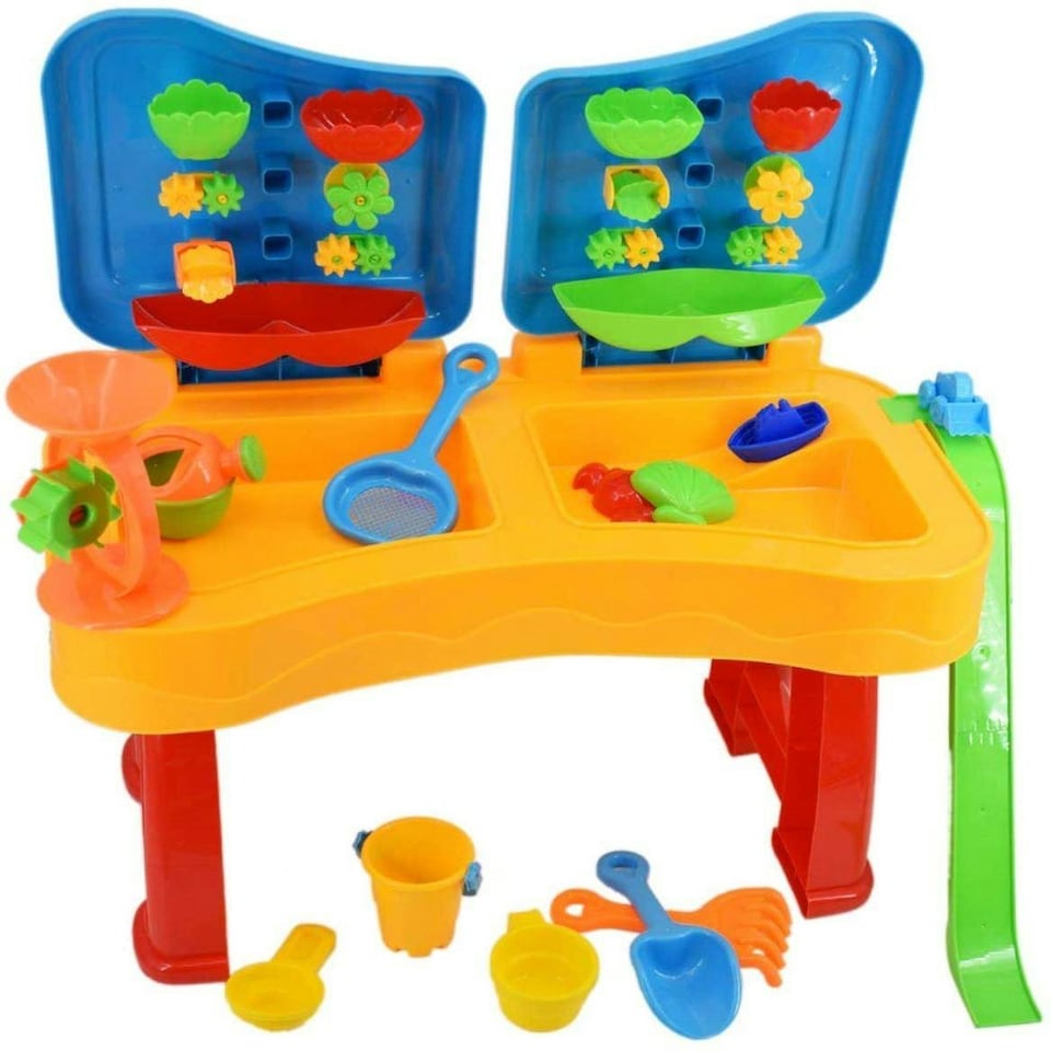 image 1 of Sand and Water Activity Table XL with Double Compartment, Waterfall Lids, and 25 Accessories – Outdoor Play Set with Lids and Water Mill