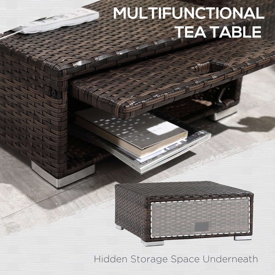 image 1 of Outsunny 3 Pieces Rattan Garden Furniture Sofa Set, 4 Seater Garden Corner Sofa with 5-Level Reclining Sun Lounger and Storage Coffee Table, Outdoor Furniture Conservatory Set with Cushions, Brown