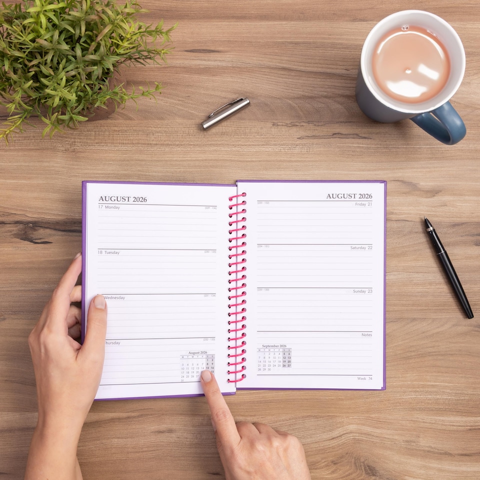 image 1 of 2026 - 2027 Academic Diary A5 Week to View - Plastic Spiral Bound Mid Year Planner Aug 2026 to Jul 2027 - Hardback | Pink | Cerise