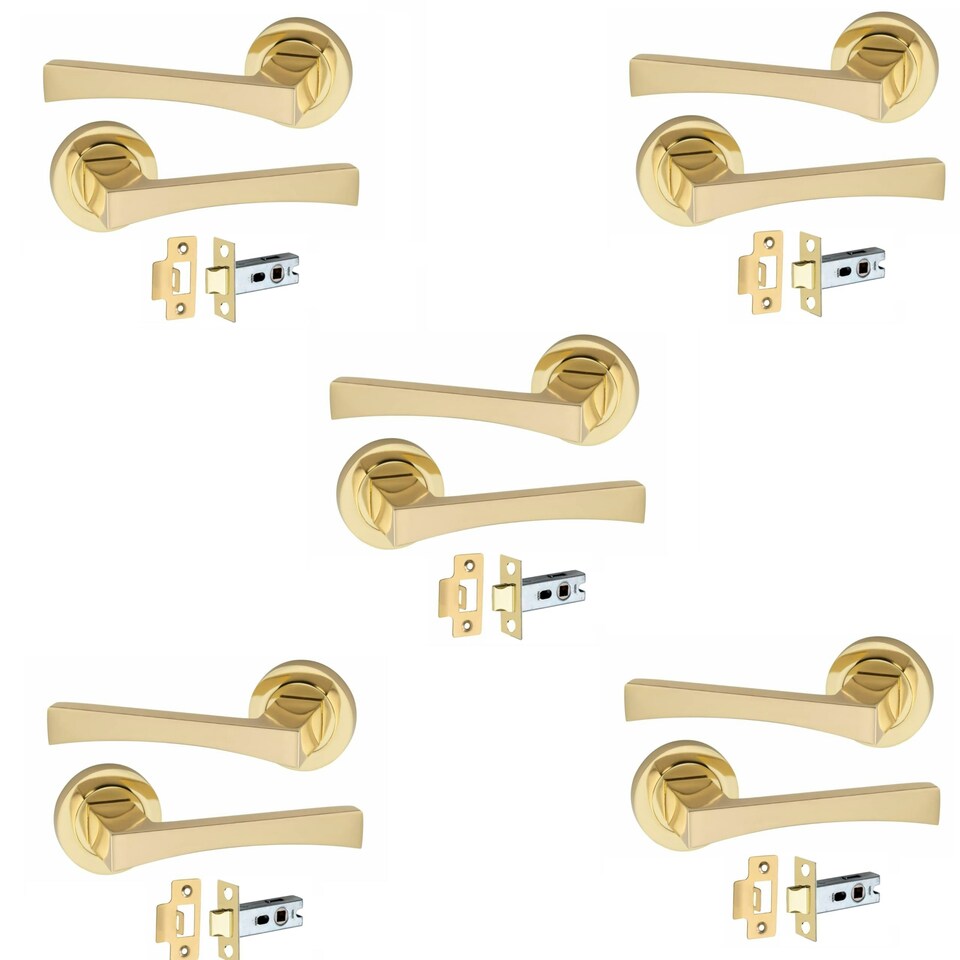 image 1 of Golden Grace 5 Pairs Wave Design Door Handles on Round Rose in Electro Brass Finish with 2.5" Tubular Latch - 52mm Diameter Gold