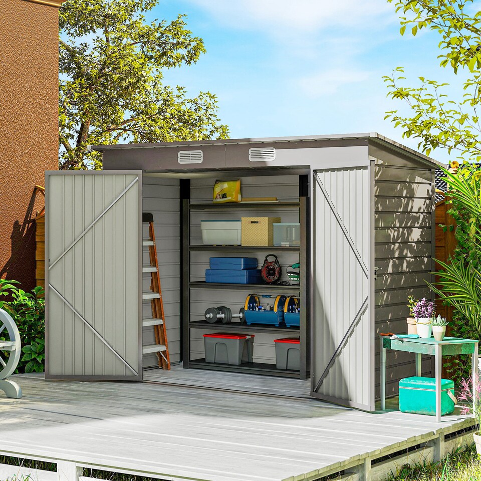 image 1 of Outsunny 8 x 4FT Garden Shed, Galvanised Metal Shed, Easy to Assemble, Outdoor Tool Storage Shed with Pent Roof, Lockable Door and 2 Vents, Light Grey | Grey | 1