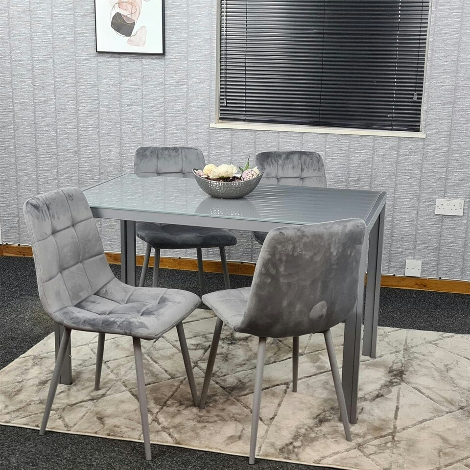 image 1 of Dining Table and 4 Grey Velvet  Chairs Grey  Glass Table 4 Velvet Chairs  Dining Room Furniture | Grey | 5