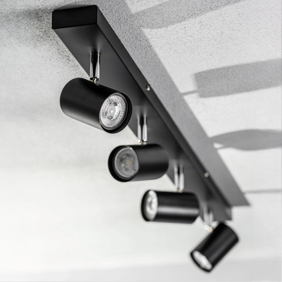 image 1 of CGC VENETO Black 4-Head GU10 Adjustable Ceiling and Wall Spotlight Bar | Black | Black | height: 12 cm, width: 90 cm, cylinder width: 5.3 cm