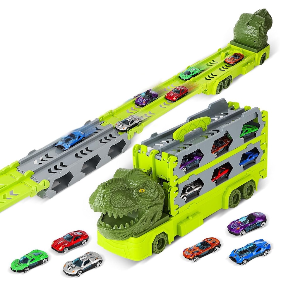 image 1 of Kids Dinosaur Transport Truck with Portable Race Track & 6 Cars - Fun Storage Carrier & Racing Playset for Boys & Girls Ages 3-6, Ideal Birthday, Christmas & Holiday Gift for Imaginative Play