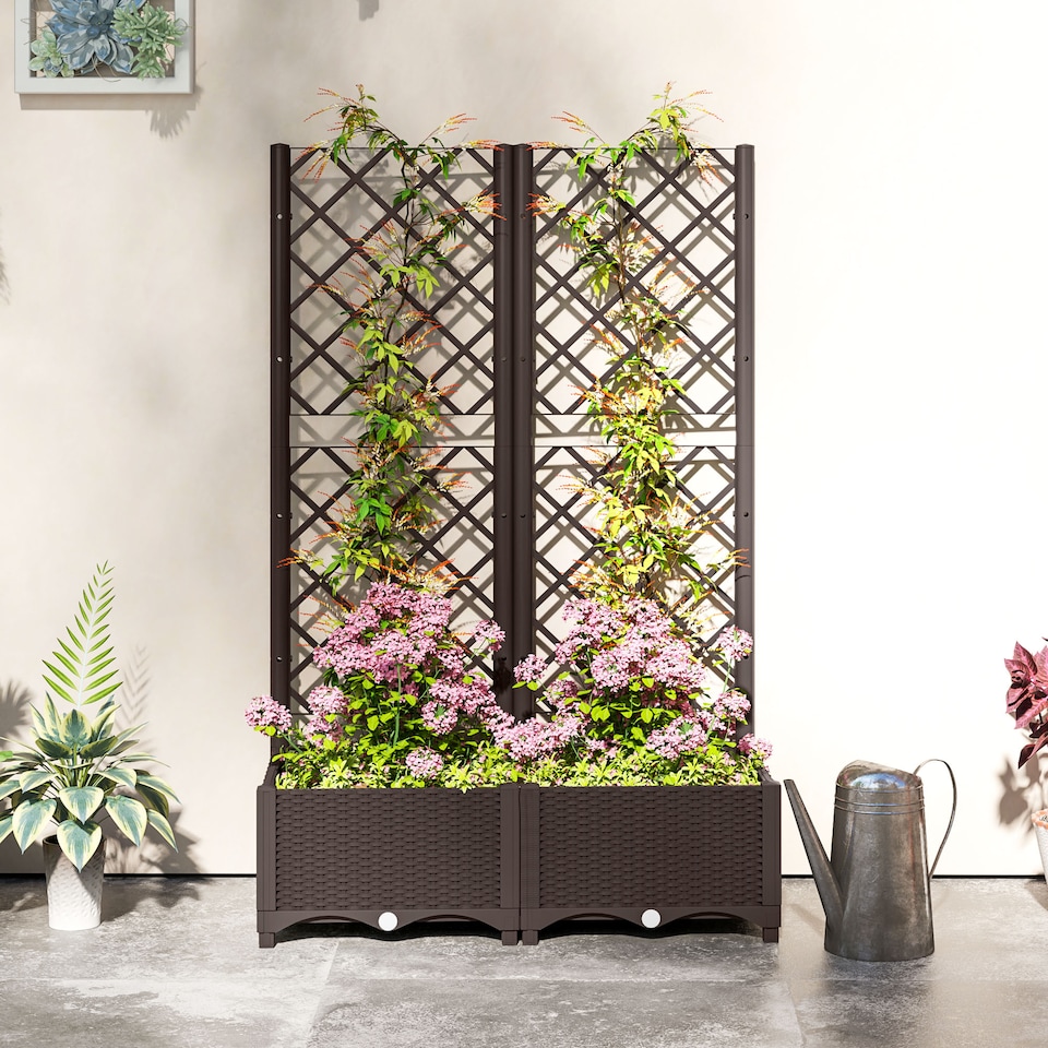 image 1 of Outsunny Raised Garden Bed with Trellis, Plastic Planter Box with Drainage Holes, Drain Plugs and Water Reservoirs for Climbing Plants, Vegetables, Flowers | Brown