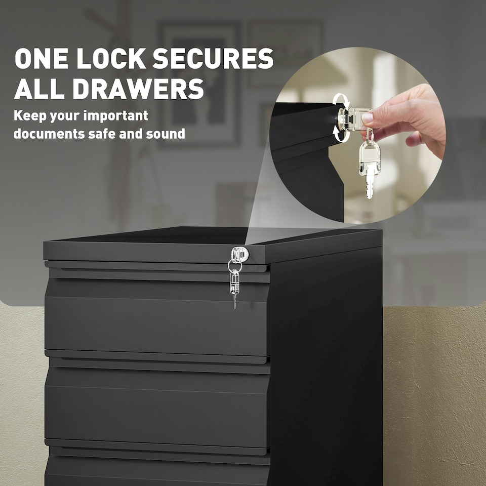 image 1 of Vinsetto Steel File Cabinet with Lock and Wheels for Home Office, Black Black | Black
