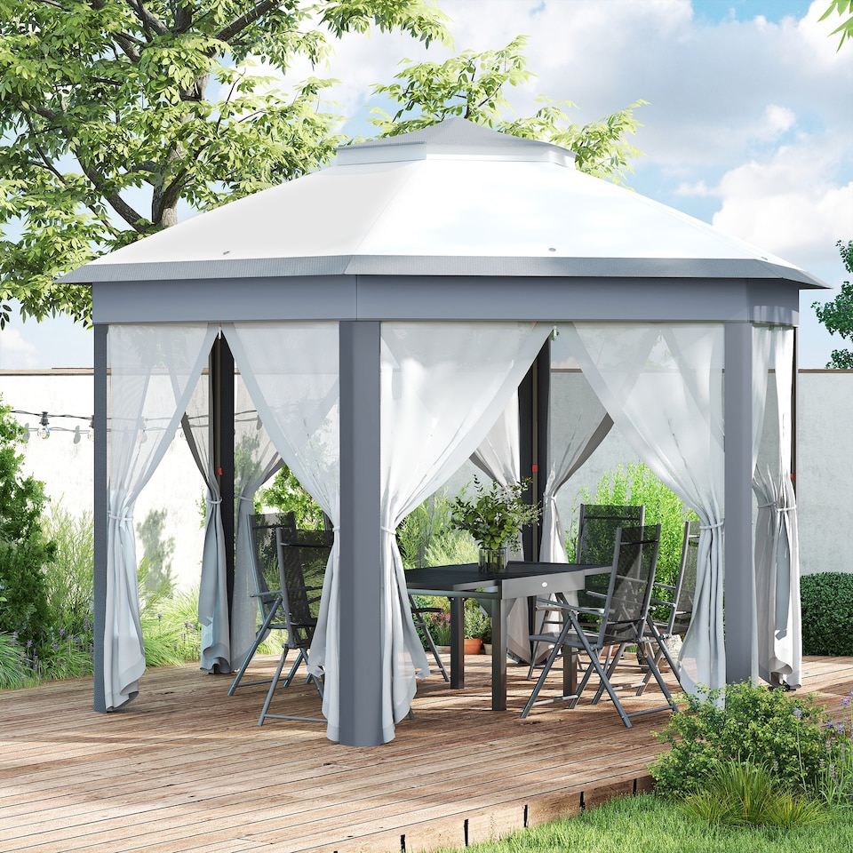 image 1 of Outsunny 3 x 4m Garden Gazebo Hexagon Pop Up Gazebo Party Tent Canopy Double Roof Instant Shelter with Netting and Carry Bag for Outdoor Patio, Grey