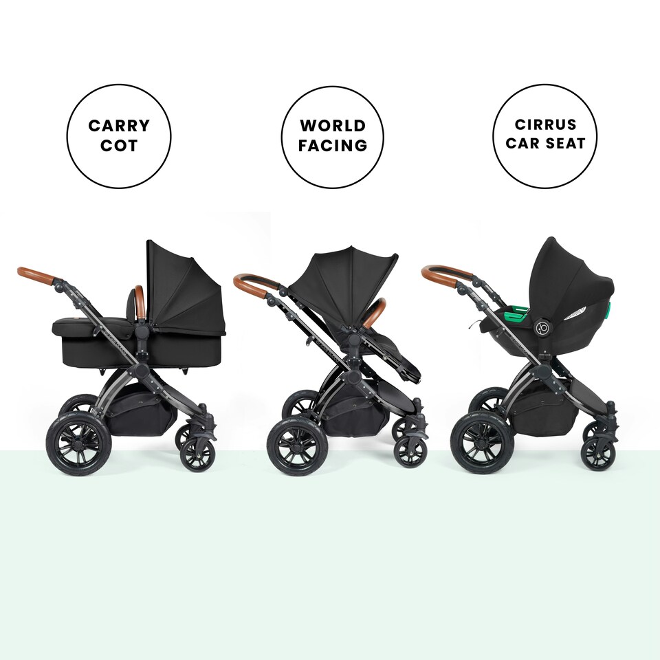 image 1 of Stomp Luxe 12pc Travel System with Cirrus i-Size Car Seat & ISOFIX Base, Carrycot, Reversible Seat, Rain Cover & More (Black/Midnight/Tan)
