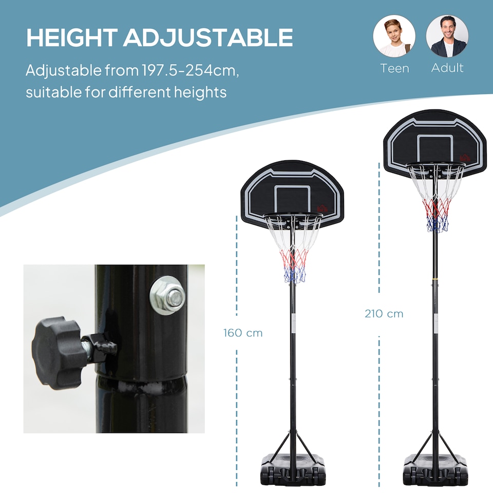 image 1 of HOMCOM Adjustable Basketball Hoop Stand w/ Wheels and Weight Base, Black | Black