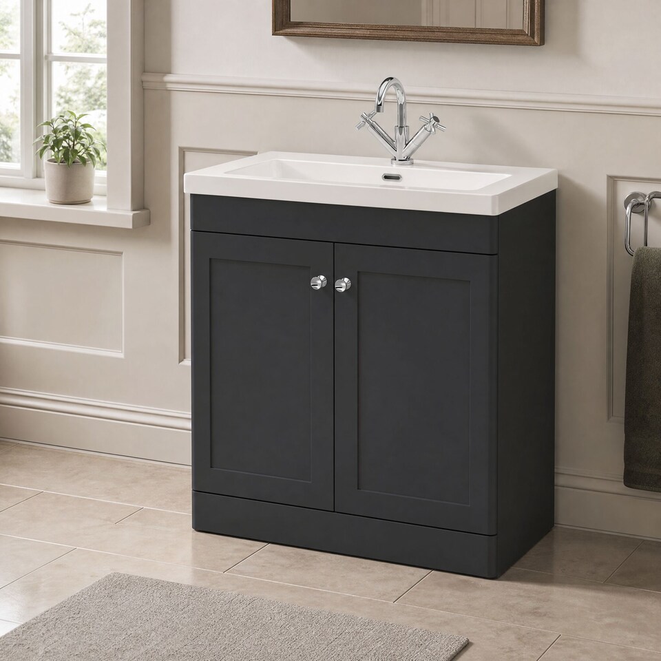 image 1 of Balterley Swynnerton Traditional 2 Door Floor Standing Vanity Unit with Fireclay Basin, Dark Grey, 800mm