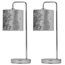 First Choice Lighting Set of 2 Chrome Arched Table Lamps with Grey Crushed Velvet Shades Chrome | Grey