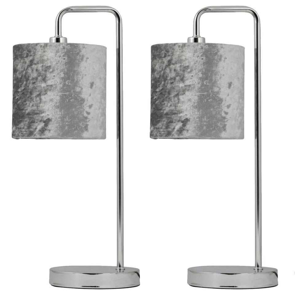 image 1 of First Choice Lighting Set of 2 Chrome Arched Table Lamps with Grey Crushed Velvet Shades Chrome | Grey