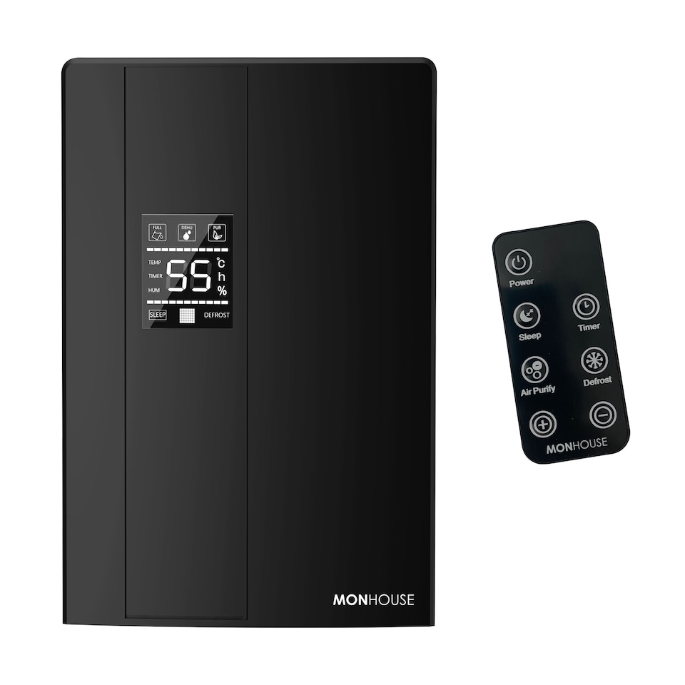 image 1 of MONHOUSE Dehumidifier - 2.2L Tank - Remote Controlled, Sleep & Defrost Mode Led Display, 24 Hr Timer - Ultra Quiet Electric Damp Absorber | Black | 1