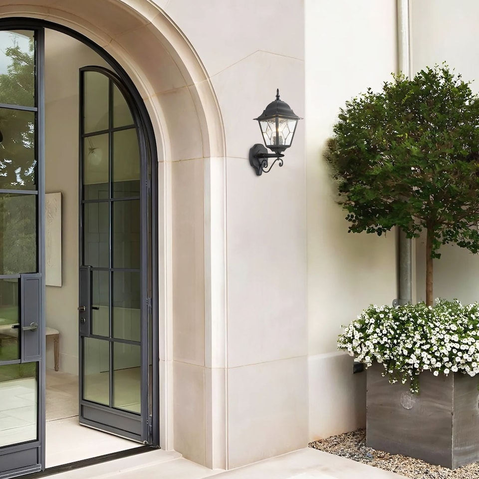 image 1 of Traditional Matte Black Cast Aluminium Outdoor Wall Light With Cathedral Glass | Black | Black | 1