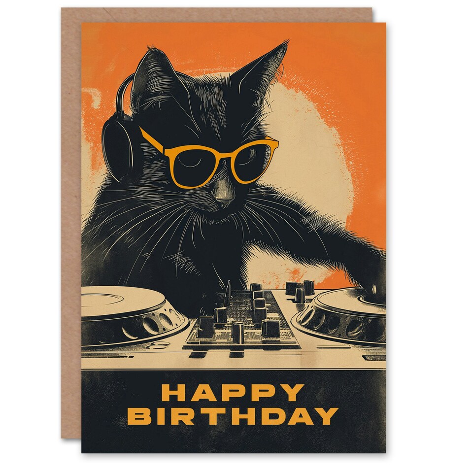 image 1 of DJ Decks Black Cat Lover Sunglasses For Him Birthday Card