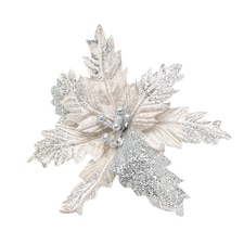 Silver Glitter Velvet Poinsettia Christmas Pick Decoration 30cm