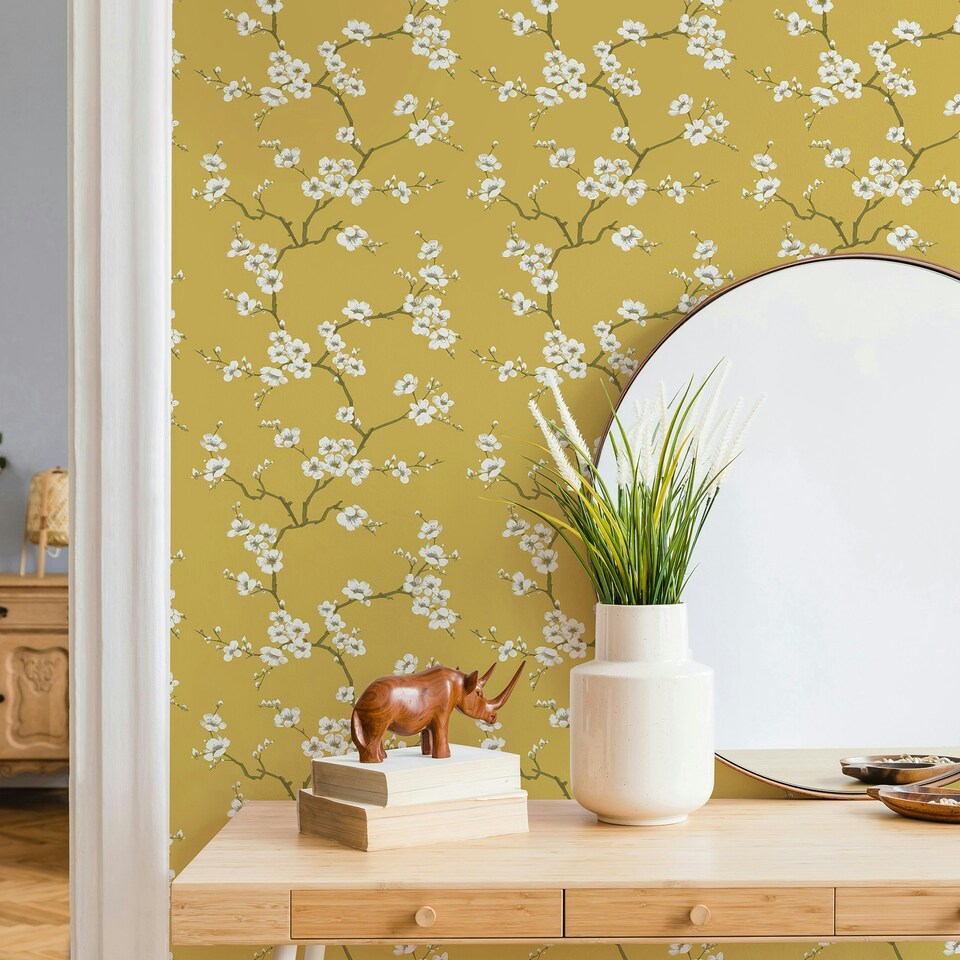 image 1 of Fresco Ochre Apple Blossom Floral Wallpaper Yellow | Yellow