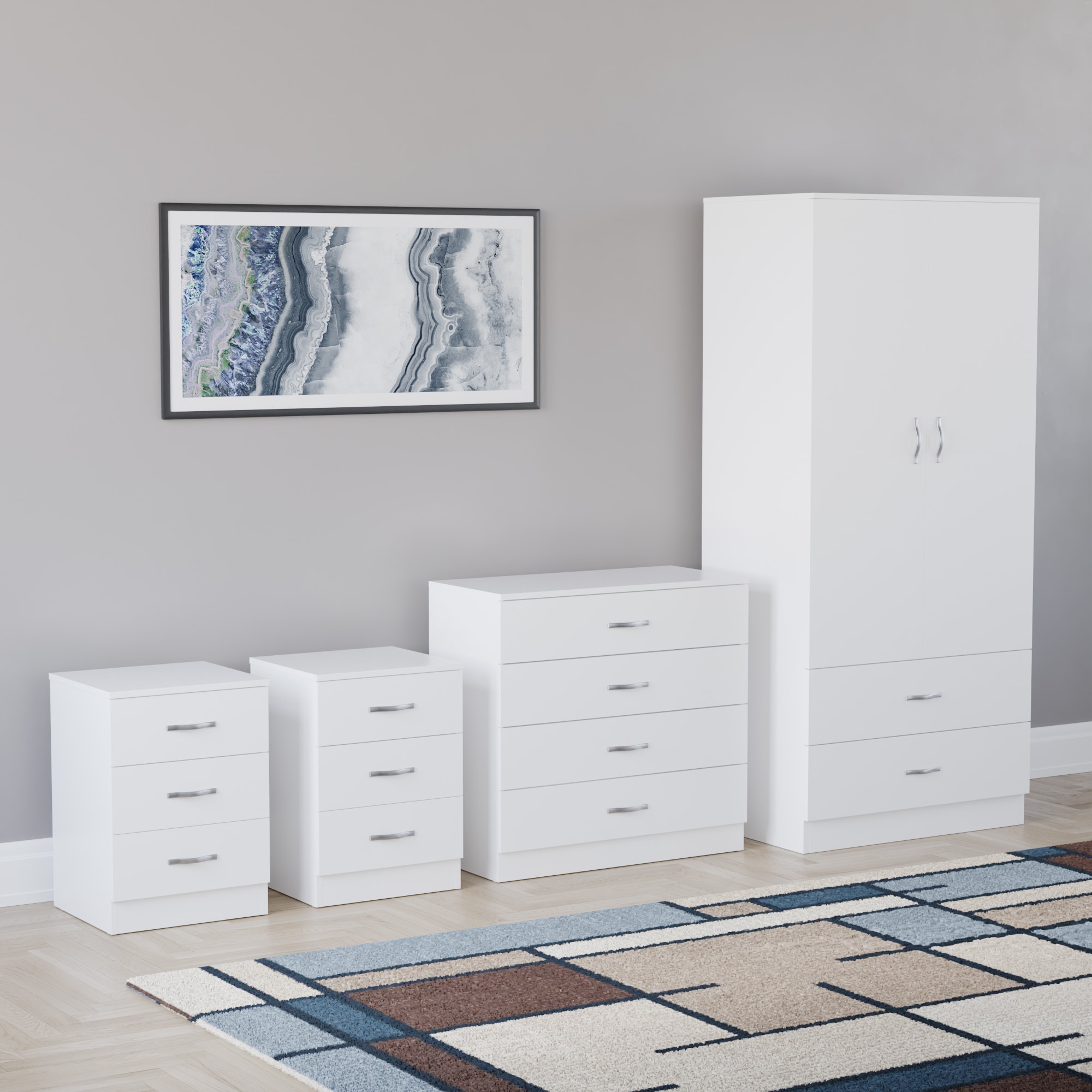 Vida Designs Riano 4 Piece Bedroom Set (2x 3 Drawer Bedside Chest, 5 Drawer Chest, 2 Door 2 Drawer Wardrobe) - White