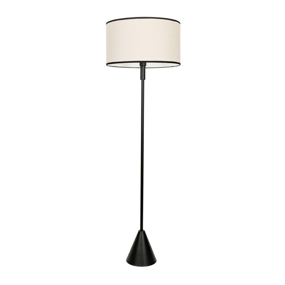 image 1 of ValueLights Mitch Natural Linen Black Trim Lamp Shade Black Wood Stem Triangle Floor Lamp Black