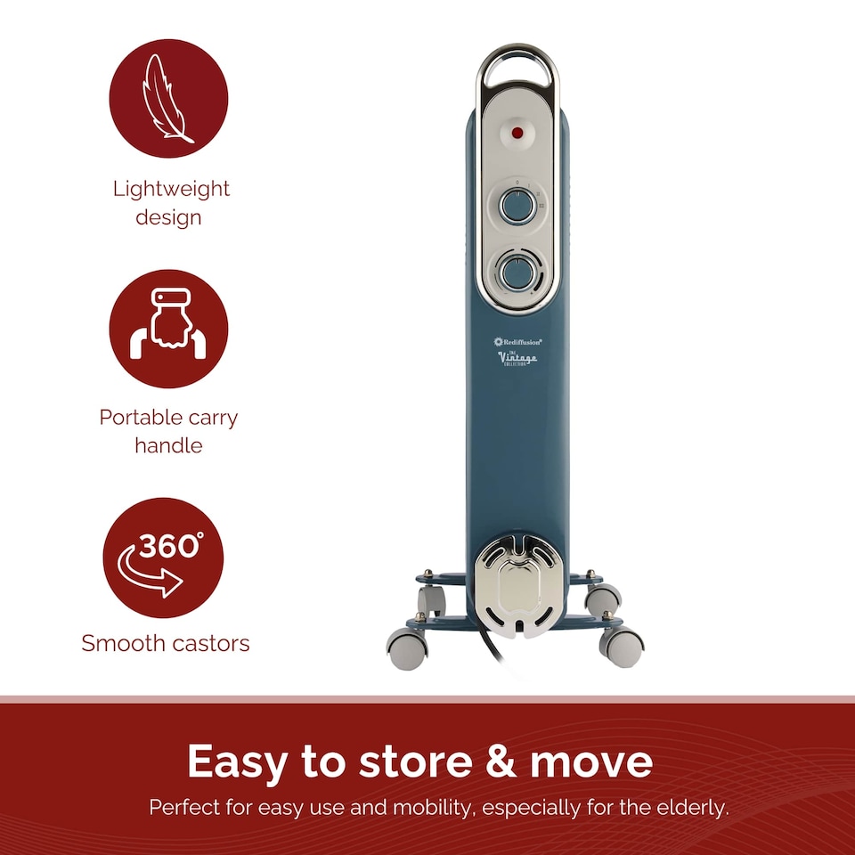 image 1 of Rediffusion Vintage 9 Fin Oil Filled Radiator 2KW Blue