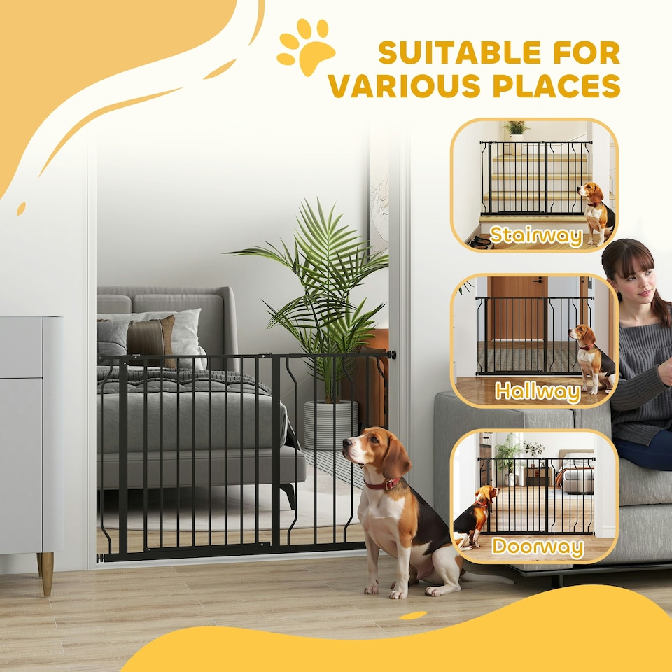 image 1 of PawHut Dog Gate Wide Stair Gate w/ Door Pressure Fit, 75-115W cm, Black
