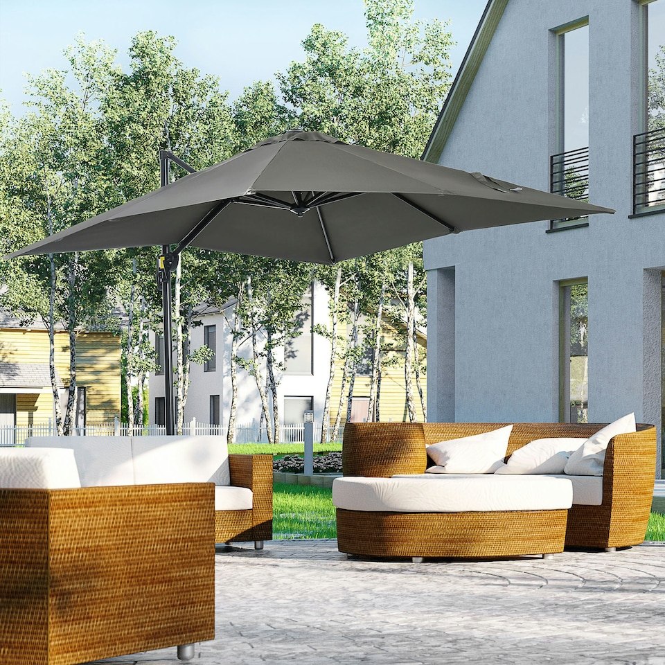 image 1 of Outsunny Square Cantilever Roma Parasol, 360-Degree Rotation, Grey
