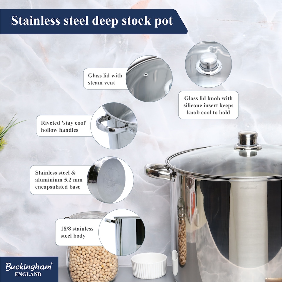 image 1 of Buckingham Deep Stock Pot Stainless Steel with Glass Lid 32 cm , 19 Litre