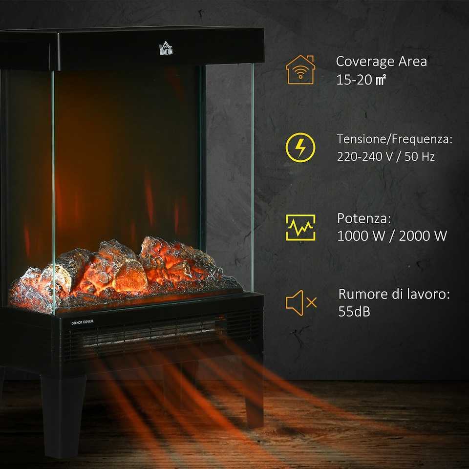 image 1 of HOMCOM 180° Charming Electric Fireplace Heater, Quiet Freestanding Stove, Black
